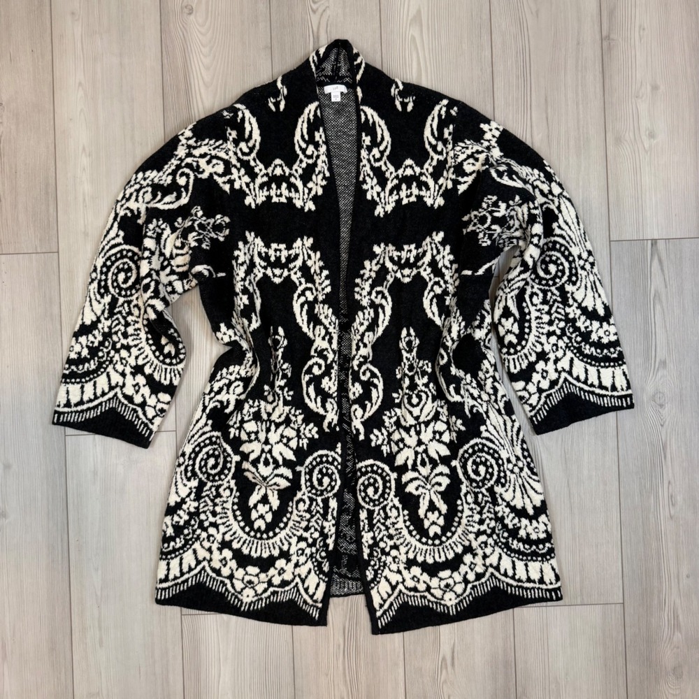 J. Jill Black White Damask Jacquard Open Front Cardigan Sweater SSW304341 Mens M